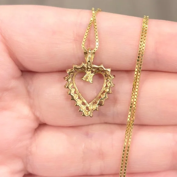 Vintage 10K Gold Open Heart Diamond Pendant: Dainty Feminine Charm - Picture 9 of 12
